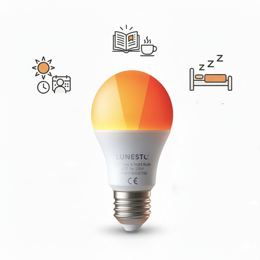 Lunesto 3in1 Day and Night Bulb – E27-Glühbirne mit drei Lichtmodi (rot, orange, warmweiß)