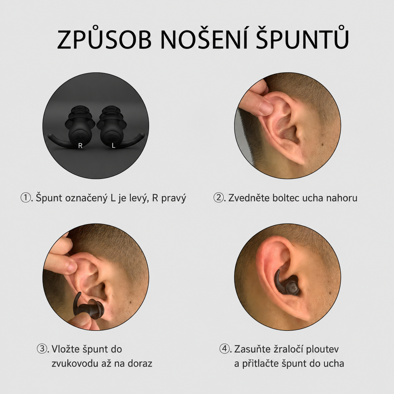Detail ergonomického tvaru špuntů do uší s tříbodovou oporou