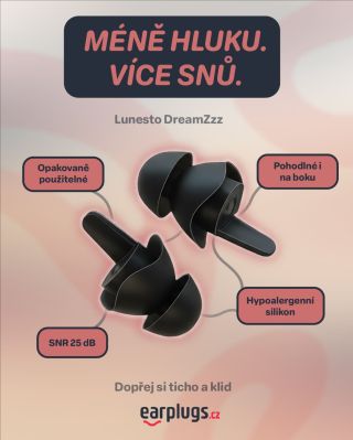 ✔ SNR 25 dB ✔ Hypoalergenní silikon ✔ Opakovaně použitelné ✔ Pohodlné i na boku Lunesto DreamZzz – špunty, které ti vrátí...
